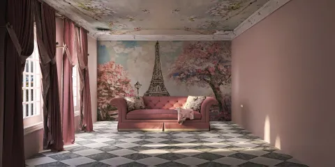 pink sofa designed with a cozy layout in a romantic style featuring a mural of the Eiffel Tower and cherry blossoms, creating a charming interior decor environment, utilizing Homestyler's real-time 3D rendering feature.