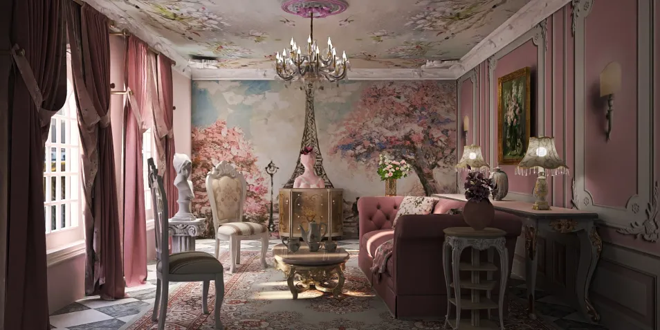 Elegant living room featuring floral wallpaper and vintage furniture, designed for a classical interior style, showcasing Homestyler's real-time 3D rendering capabilities.