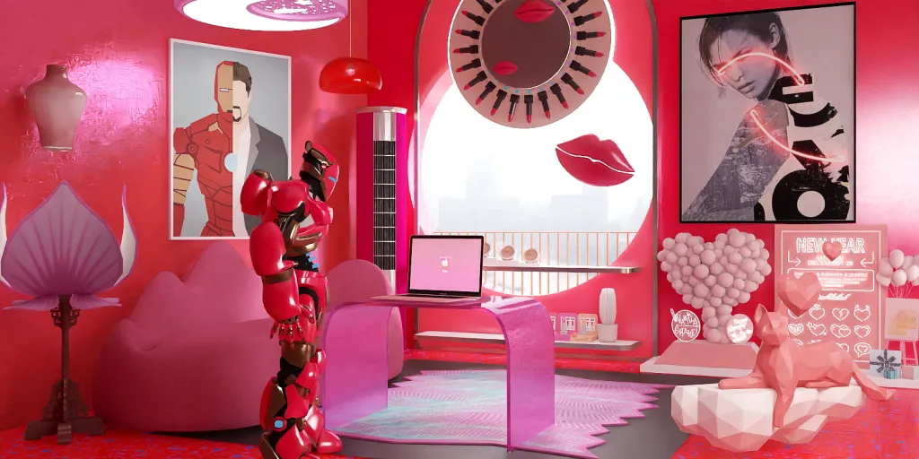 a room with a pink wall and a pink wall 