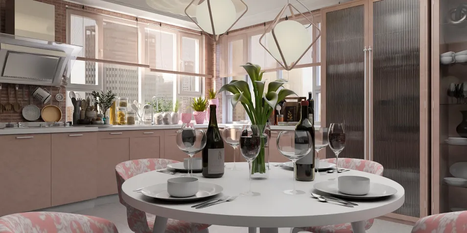 a dining table set with wine glasses and flowers in a modern kitchen design featuring smart furniture arrangement and a cozy atmosphere, utilizing Homestyler's real-time 3D rendering feature