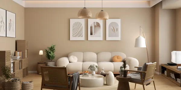 Cozy living room featuring a round sofa and armchairs, styled with minimalistic decor and warm tones, emphasizing interior design trends; includes Homestyler's real-time 3D rendering for efficient design proposals.