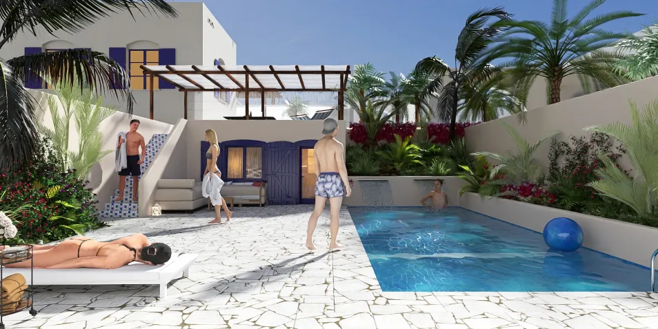 outdoor pool area with people relaxing and swimming surrounded by palm trees and vibrant flowers in a tropical modern style, featuring an immersive Homestyler 3D rendering for interior design inspiration.