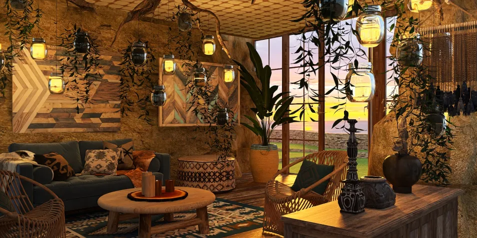 cozy living room with bohemian decorations featuring plants and hanging lanterns, showcasing interior design with a focus on natural elements, utilizing Homestyler's real-time 3D rendering for a quick design preview.