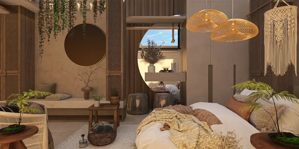 cozy bedroom design featuring warm lighting and natural plants, showcasing a bohemian style with wooden accents; includes a Homestyler core feature of real-time 3D rendering for design previews.