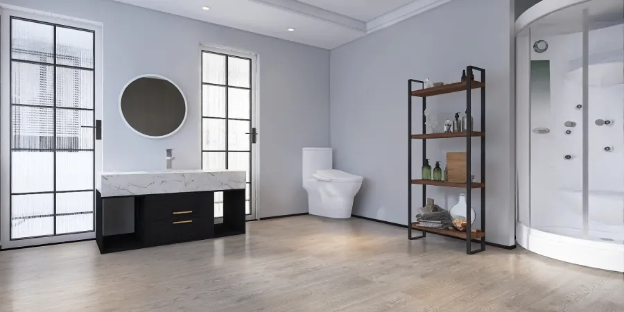 a bathroom with a white toilet and a wood floor 