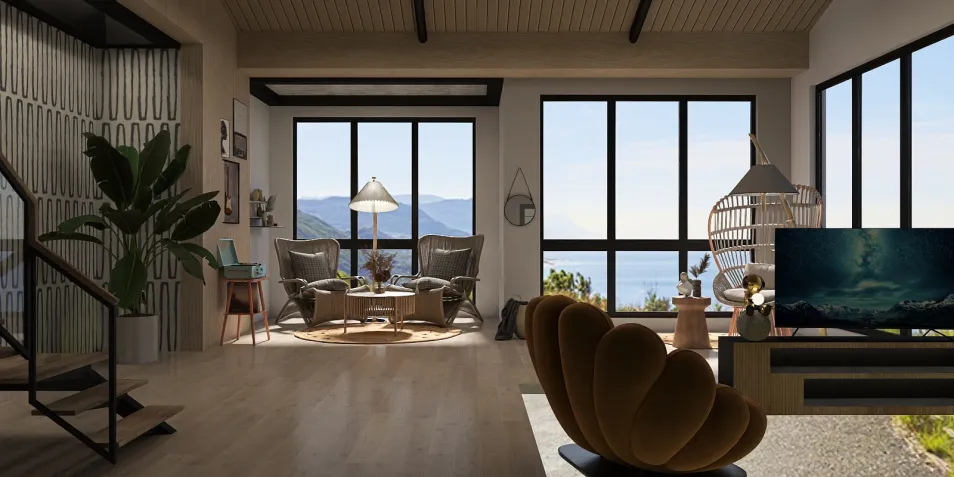 modern living room decor featuring a cozy seating area with large windows showcasing a scenic view, designed using Homestyler's real-time 3D rendering for an immersive experience