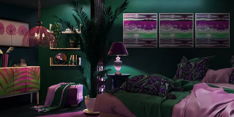 vibrant bedroom with purple and green decor featuring a stylish lamp and artwork, showcasing a modern bohemian style, utilizing Homestyler's real-time 3D rendering for design visualization.