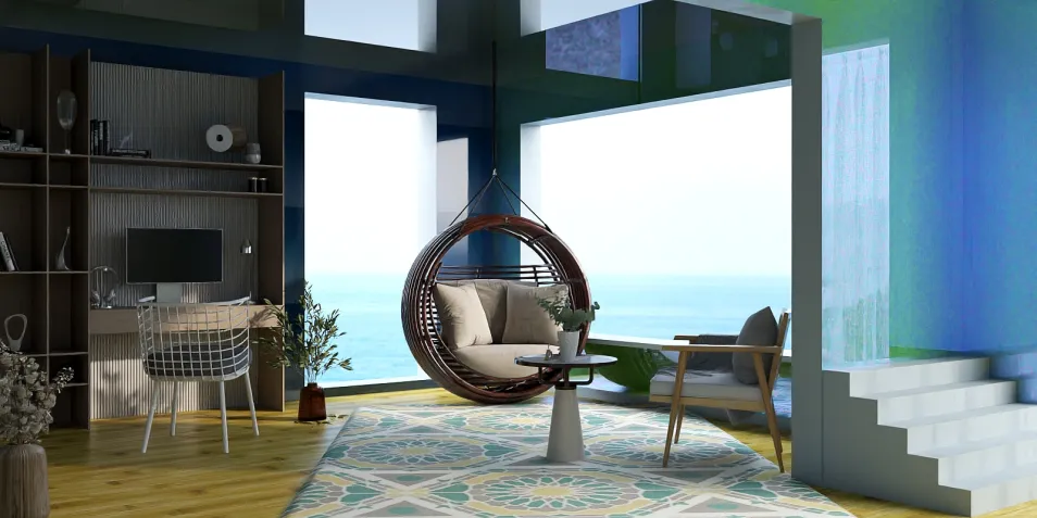 Modern interior featuring a cozy hanging chair and stylish desk arrangement, designed using Homestyler’s real-time 3D rendering for a vibrant coastal space.