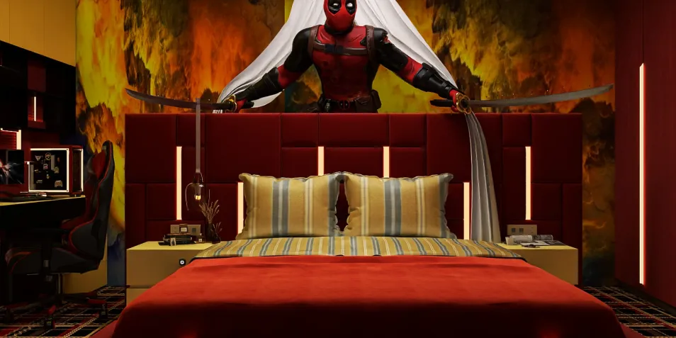 a bedroom featuring a unique superhero-themed design with vibrant colors and bold decor elements, incorporating advanced Homestyler 3D rendering for realistic visualization