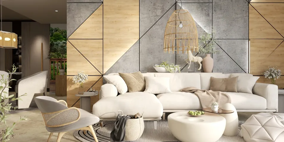 Modern living room design featuring a cozy sectional sofa with neutral tones and decorative accents, enhancing the ambiance using Homestyler's real-time 3D rendering for a quick preview of interior decor.