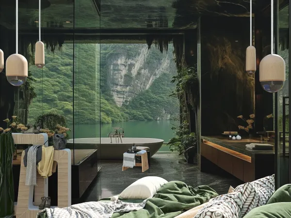 modern bedroom overlooking a scenic lake with lush greenery, showcasing a nature-inspired design, featuring a harmonious blend of indoor and outdoor elements, utilizing Homestyler's real-time 3D rendering for realistic previews.