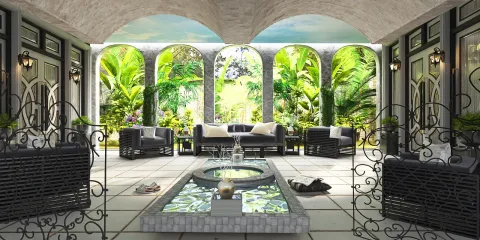 outdoor seating area with lush greenery surrounding a decorative water feature in a tropical style; showcasing Homestyler's real-time 3D rendering feature for enhanced design visualization.