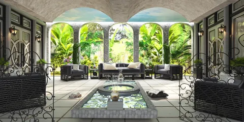 luxurious patio design featuring a calming water feature and lush greenery, optimized using Homestyler's real-time 3D rendering for immediate design previews