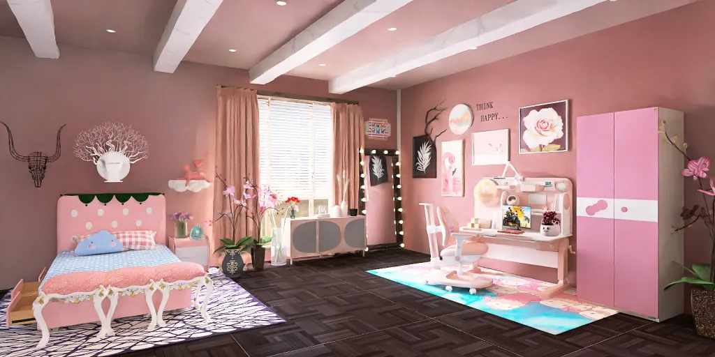 a bedroom with a pink bedspread and a pink dresser 