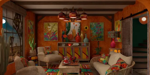 vibrant living room design featuring colorful decor and floral patterns, showcasing a warm and inviting atmosphere with smart furniture arrangement capabilities from Homestyler.