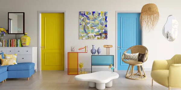 colorful doors enhance living room design with modern furniture arrangement in a vibrant style, showcasing Homestyler's real-time 3D rendering feature.