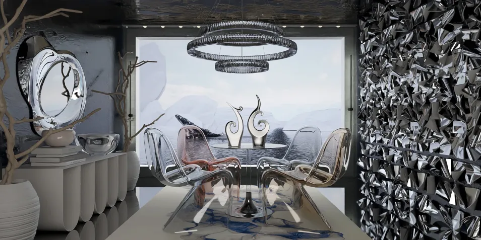 Modern dining area showcasing elegant chairs and a glass table, featuring a contemporary design style with a focus on 3D rendering for interior decor optimization in Homestyler.