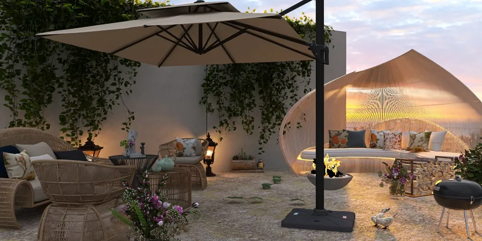 outdoor lounge area with a stylish umbrella and cozy seating arrangement featuring modern wicker chairs and a sofa adorned with decorative pillows, designed in a contemporary style for relaxation, showcasing Homestyler's real-time 3D rendering feature.