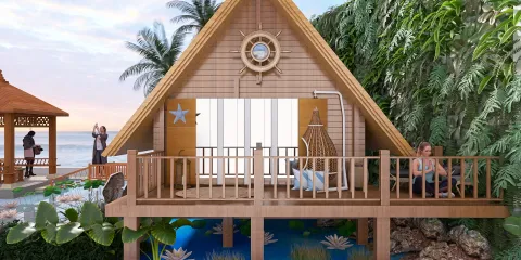 wooden cottage design featuring a cozy balcony with a hanging chair overlooking a serene water landscape, emphasizing tropical style and outdoor living, showcasing Homestyler's real-time 3D rendering feature.