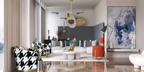 modern living room design featuring bold patterned chairs and contemporary furnishings, showcasing a stylish and comfortable space with a focus on aesthetic appeal, utilizing Homestyler's real-time 3D rendering feature.