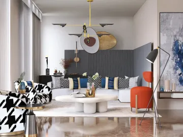 modern living room with stylish furniture arrangement featuring vibrant colors and geometric patterns, showcasing interior design concepts using Homestyler's smart furniture placement function