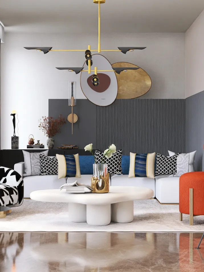 Modern living room design featuring a stylish coffee table, artistic wall decor, and a blend of colorful cushions on the sofa, showcasing interior decor trends with real-time 3D rendering capabilities from Homestyler.