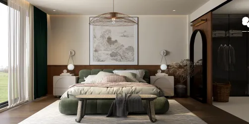 modern bedroom design featuring a cozy green bed with stylish decor, highlighting interior decoration trends, using Homestyler's real-time 3D rendering for quick visualization.