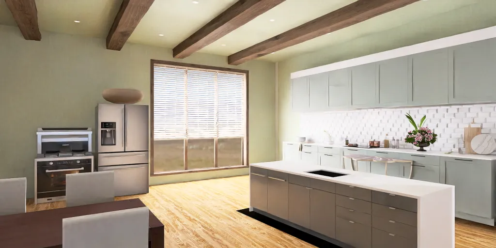 a kitchen with a large window and a large kitchen counter 