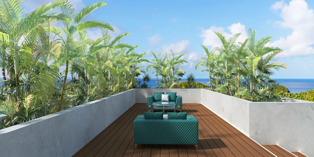 a green bench sitting on top of a lush green patio 