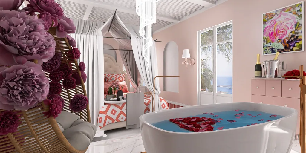 a bath room with a pink tub and a pink tub 