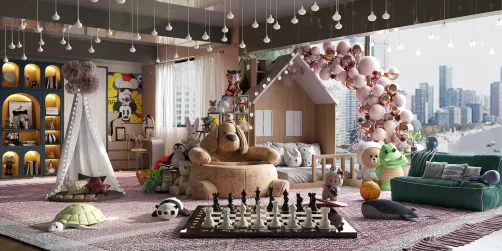 Colorful children's playroom featuring plush toys and spacious layout, designed for optimal play and learning, utilizing Homestyler's real-time 3D rendering function.