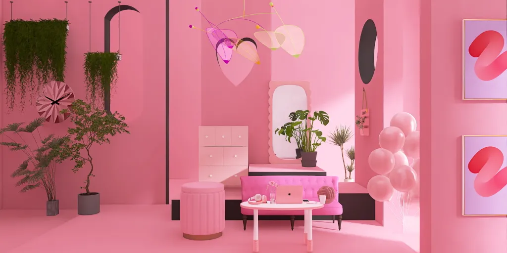 a pink room with a pink wall and a pink flower arrangement 