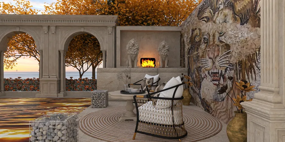 luxurious outdoor seating area featuring an elegant design with intricate wall art and natural surroundings, perfect for relaxation in an upscale garden setting, utilizing Homestyler's real-time 3D rendering for visualizing exterior spaces.