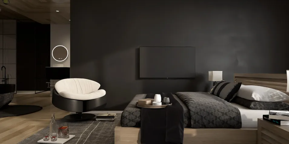 modern bedroom with black accent wall featuring a sleek TV setup, showcasing stylish decor and cozy atmosphere, highlighting interior design with realistic 3D rendering.