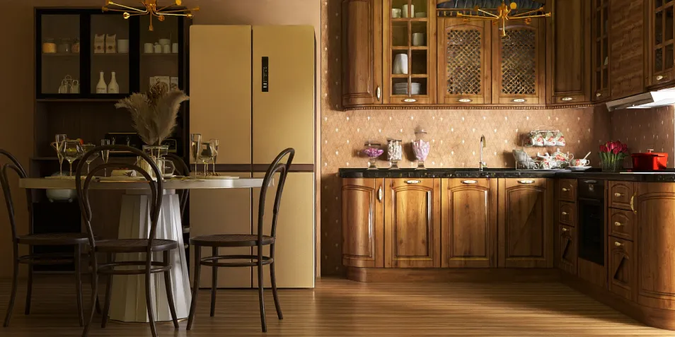 Wooden kitchen cabinets and dining table design using Homestyler's real-time 3D rendering for an elegant and cozy atmosphere.