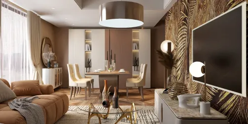 modern living room design featuring a stylish sofa and a dining area, showcasing an elegant blend of warm tones and natural textures, optimizing space with smart furniture arrangement in a cozy home setting using Homestyler's real-time 3D rendering.