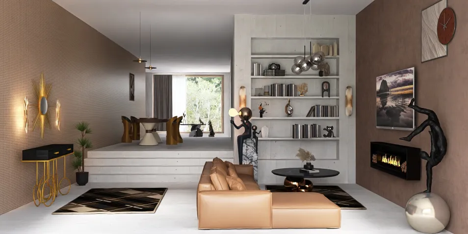 Modern living room with a stylish sofa, showcasing a cozy design, featuring a warm color palette and artistic decor elements, enhancing the aesthetic value of the space, utilizing Homestyler's real-time 3D rendering for effective design previews.