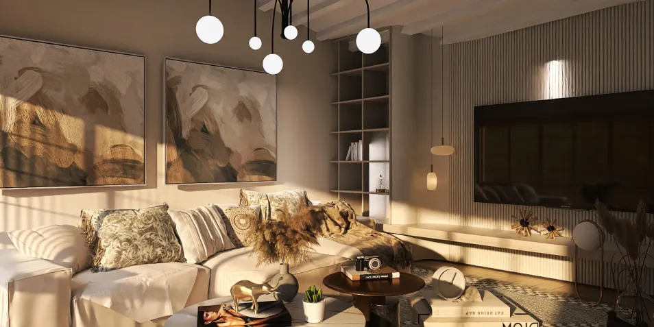 Cozy living room with stylish sofa and modern decor featuring ambient lighting and artwork, showcasing 3D interior design with Homestyler's real-time 3D rendering.