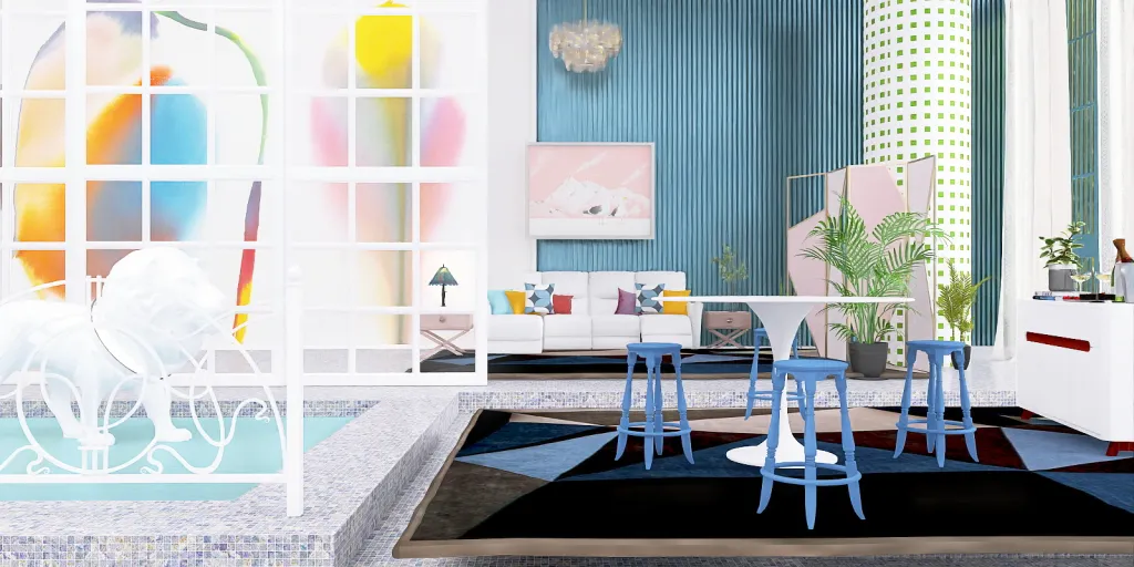 a living room with a blue floor and a blue chair 