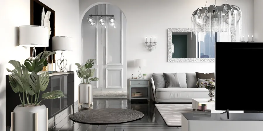 a living room with a table and a mirror 