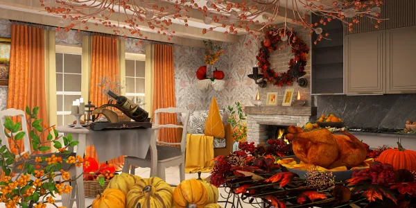 A cozy dining room featuring a warm autumn theme decor, showcasing a festive Thanksgiving dinner setup with a roasted turkey, pumpkins, and vibrant floral arrangements. Utilizing Homestyler's real-time 3D rendering for immersive design visualization.