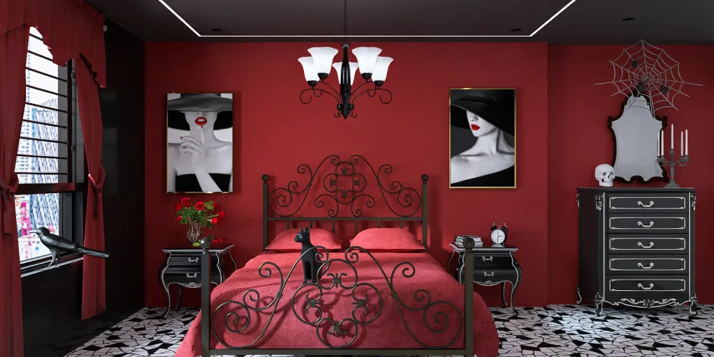a bedroom with a red bed and a red wall 