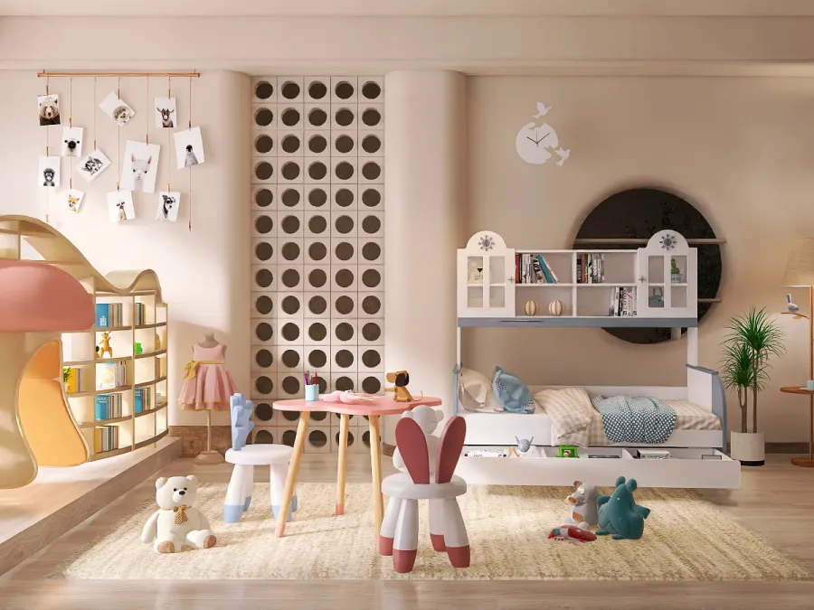 a living room with a doll house and a doll house 