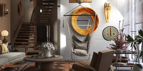cozy living room featuring a hanging chair and decorative wall art, showcasing modern interior decor style, highlighting Homestyler's real-time 3D rendering capability
