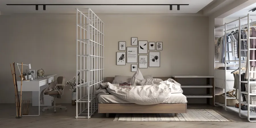 a bed room with a bed and a desk 