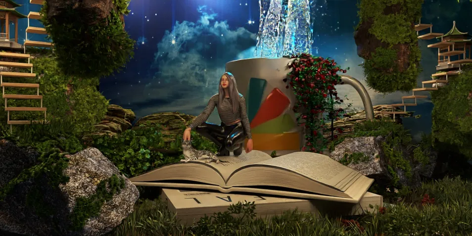 a creative scene featuring a woman interacting with a giant book in a fantasy setting, showcasing immersive 3D rendering with a whimsical design, emphasizing artistic space value and the functionality of real-time 3D rendering in interior decor.