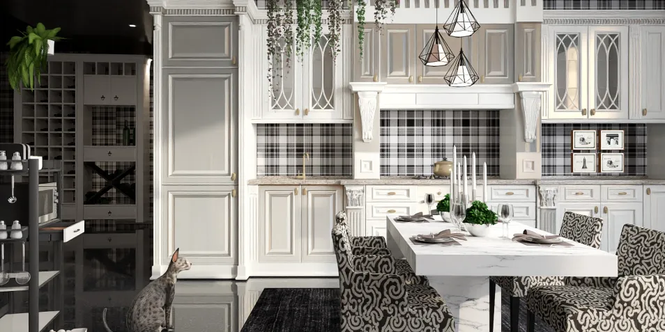 luxurious kitchen design featuring elegant cabinetry and modern dining setup with stylish chairs, showcasing interior decor aesthetics; highlights Homestyler's real-time 3D rendering feature for effective renovation previews.