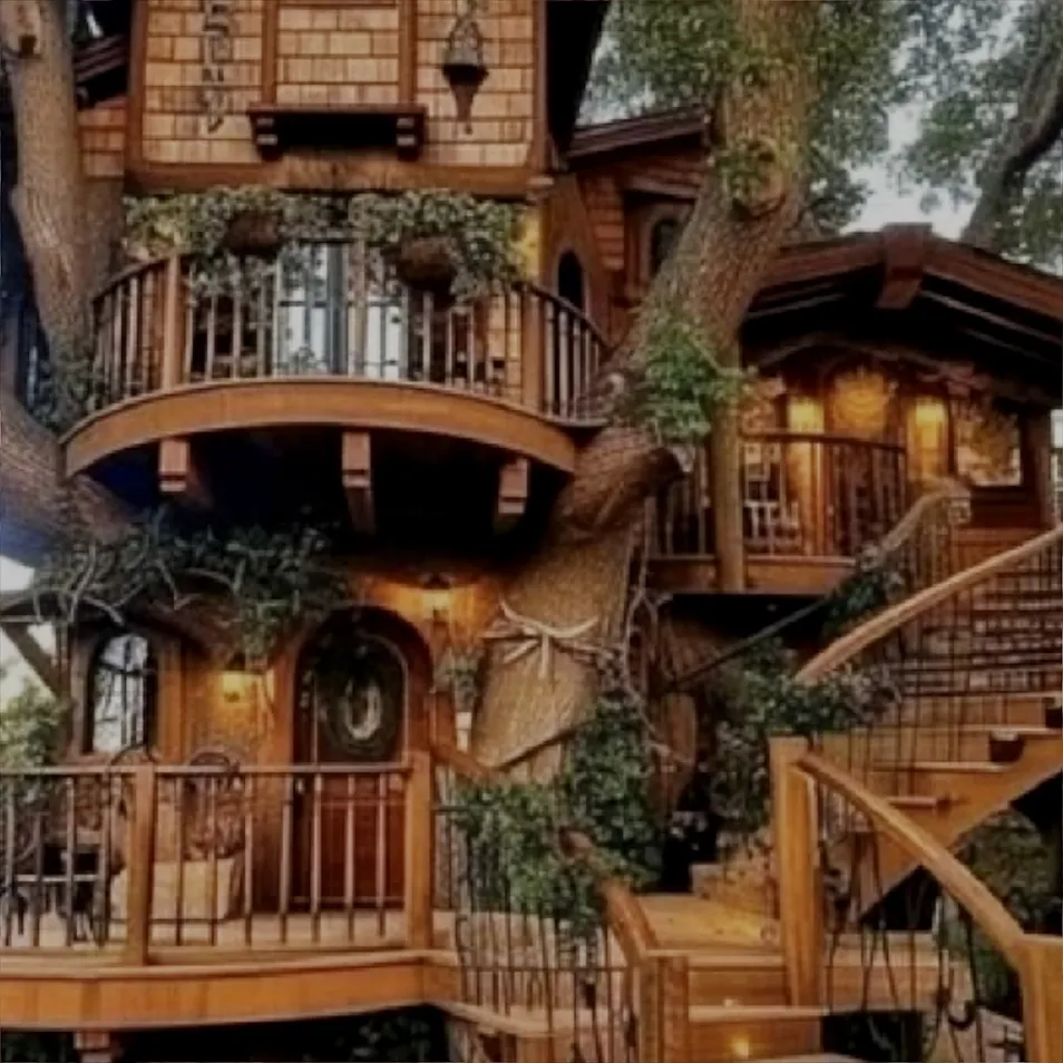 charming treehouse exterior showcasing intricate woodwork and lush greenery with smart furniture placement for optimizing outdoor space using Homestyler's augmented reality feature