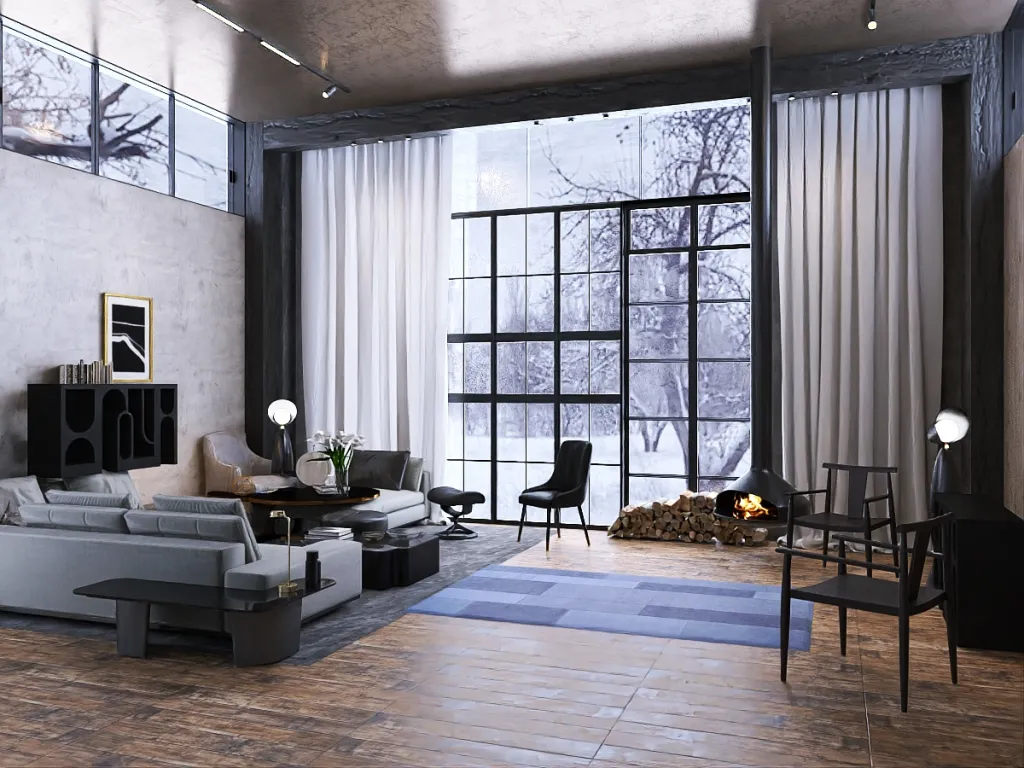 a living room with a large window and a large window 