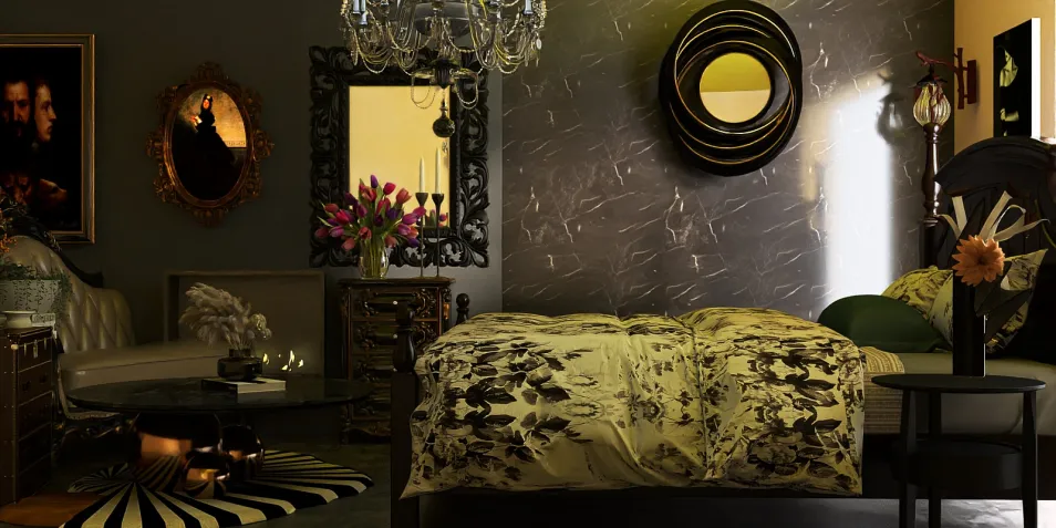 Elegant bedroom design featuring a floral-patterned bedspread with vintage decor, showcasing an artistic approach to interior design and emphasizing Homestyler's real-time 3D rendering capabilities.